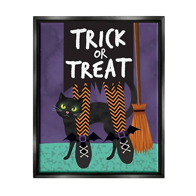 Stupell Industries Trick or Treat Cat & Witch Framed Floater Canvas Wall Art