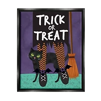 Stupell Industries Trick or Treat Cat & Witch Framed Floater Canvas Wall Art