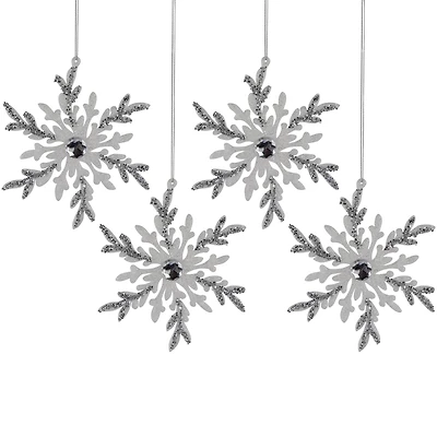 Glitter Snowflakes Christmas Ornaments - 6" - White and Silver - 4ct