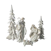 Glitzhome® 5-Piece White & Gold Resin Holy Family with Christmas Trees Set