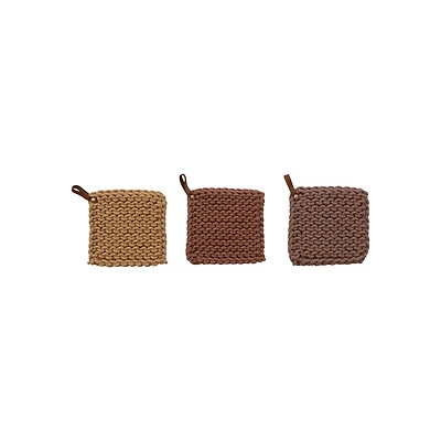 Hello Honey® 8" Multicolor Square Cotton Crochet Pot Holders with Leather Loops, 3ct.