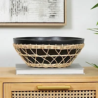12" Black Mango Wood Handmade Decorative Bowl with Woven Rope Accents