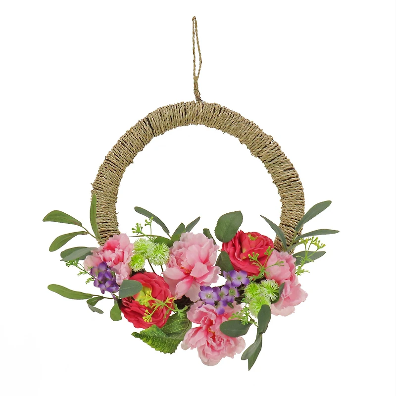 16" Spring Rose, Peony, & Globe Flowers Hoop Wreath