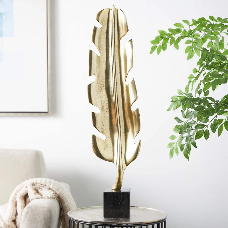 33" Gold Aluminum Bird Feather Sculpture with Black Marble Base