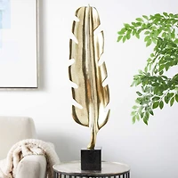 33" Gold Aluminum Bird Feather Sculpture with Black Marble Base
