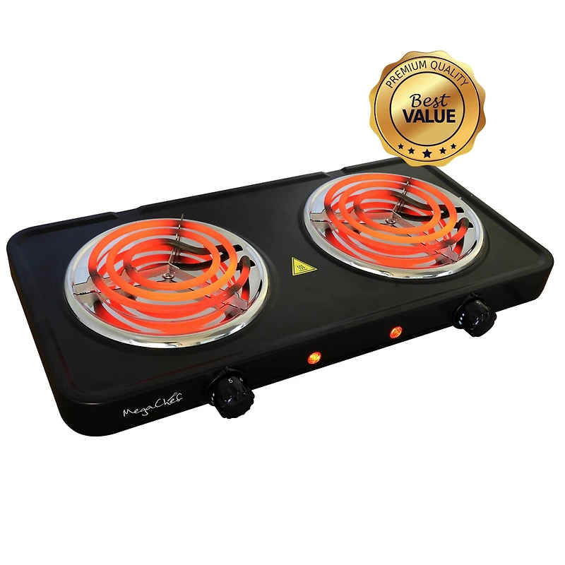 MegaChef Matte Black Electric Portable Lightweight Dual Coil Burner Cooktop Buffet Range