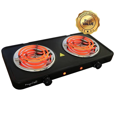 MegaChef Matte Black Electric Portable Lightweight Dual Coil Burner Cooktop Buffet Range