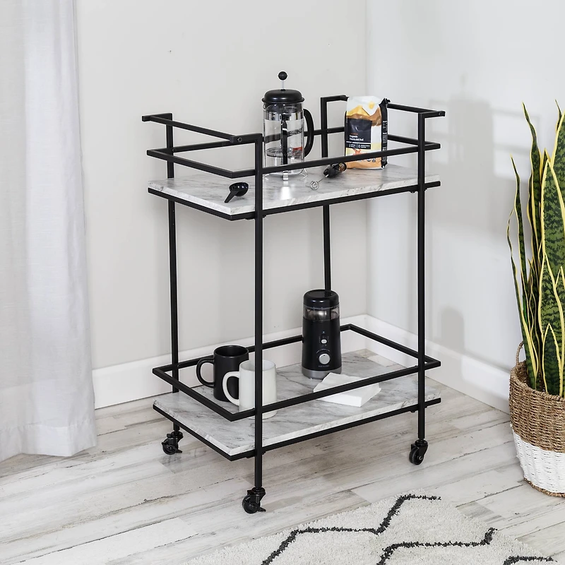 Honey Can Do 2-Tier Black & White Faux Marble Rolling Bar & Serving Cart
