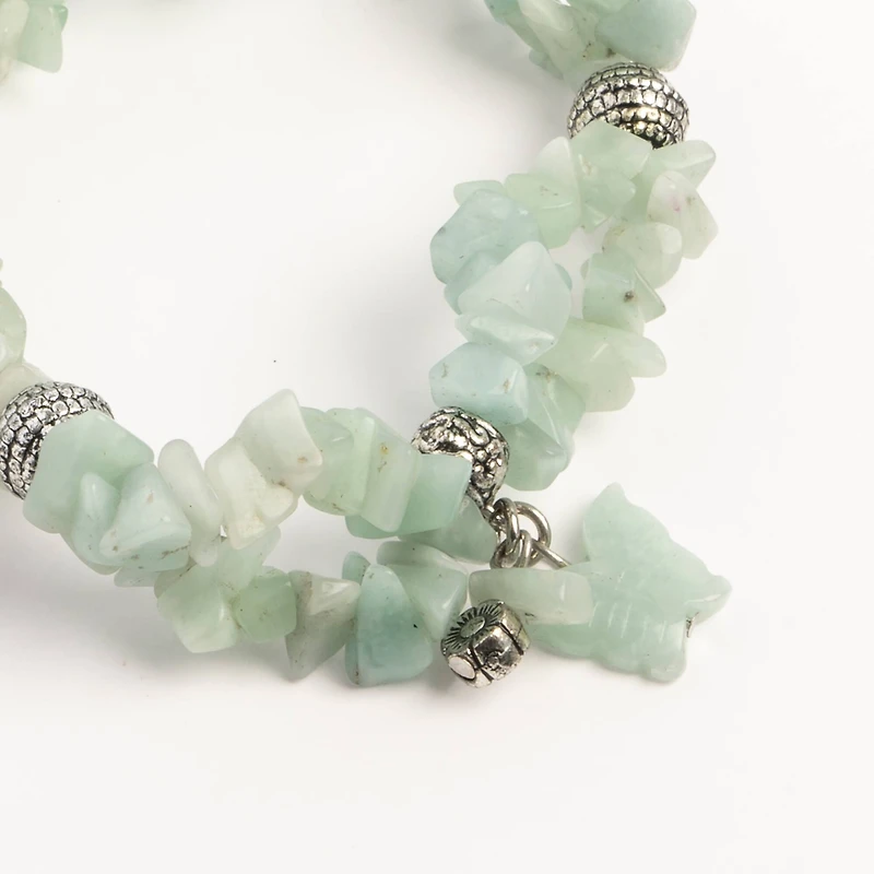 John Bead New Jade Green Amazonite Natural Stone 2-Strand Bracelet with Butterfly Charm