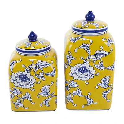Yellow & Blue Ceramic Floral Decorative Jar Set