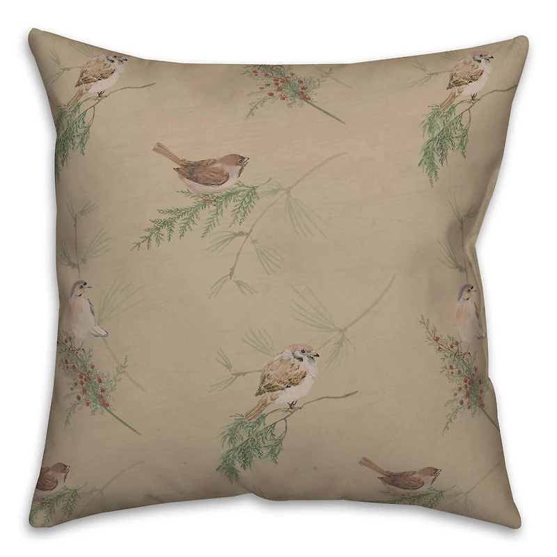 Brown Pine & Birds Throw Pillow