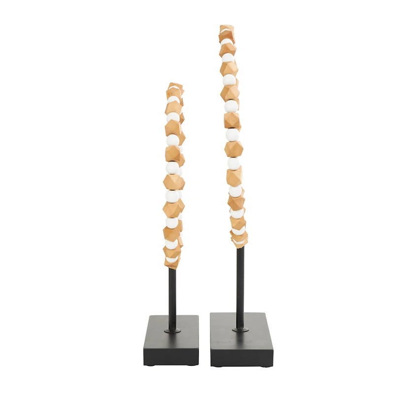 Brown Wood Geometric Beaded Ring Sculpture Set