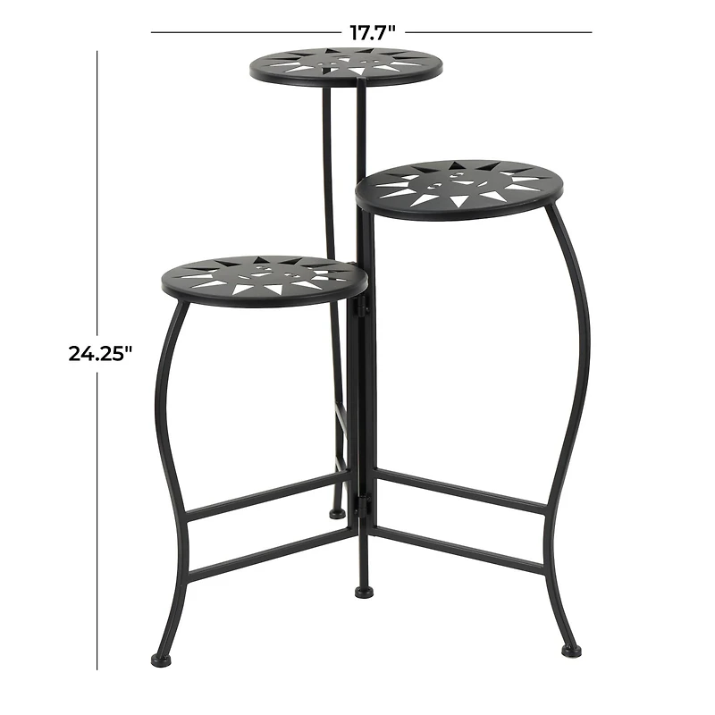 24" Black Metal Folding 3-Tier Plant Stand with Sun Face Cutouts