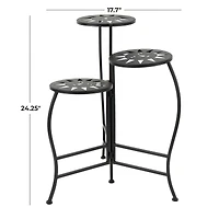 24" Black Metal Folding 3-Tier Plant Stand with Sun Face Cutouts
