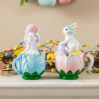 Glitzhome® Set of 2 Easter Resin Bunny on Tulip Mug Table Decor