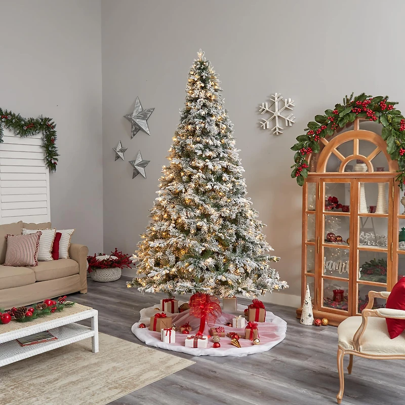 10ft. Pre-Lit Flocked Vermont Mixed Pine Artificial Christmas Tree, Clear LED Lights