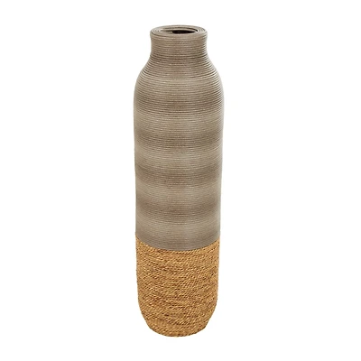 32" Brown Seagrass  Handmade Ribbed Vase with Coiled Seagrass Base