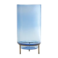 10" Blue Glass Vase with Metal Stand