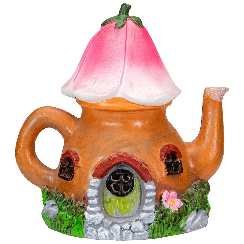 7" Solar Lighted Flower Tea Pot Outdoor Garden Statue
