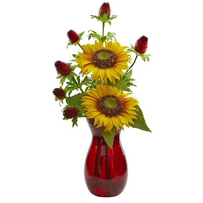 20" Sunflower & Red Thistle Arrangement in Red Vase