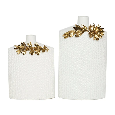 White & Gold Leaf Accent Ceramic Vase Set