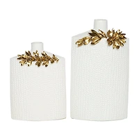 White & Gold Leaf Accent Ceramic Vase Set