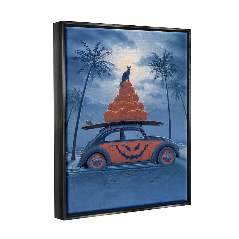 Stupell Industries Spooky Tropical Beach Pumpkin Car Framed Floater Canvas Wall Art
