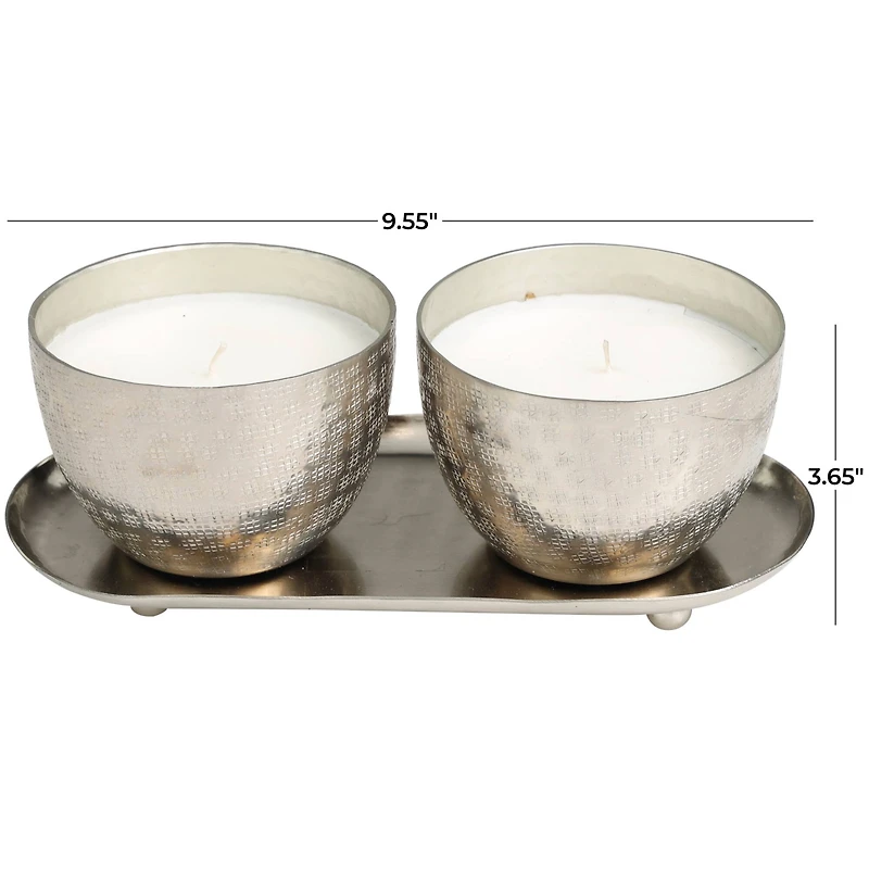 Campfire Scented Candles in Silver Grid Patterned Bowls Set