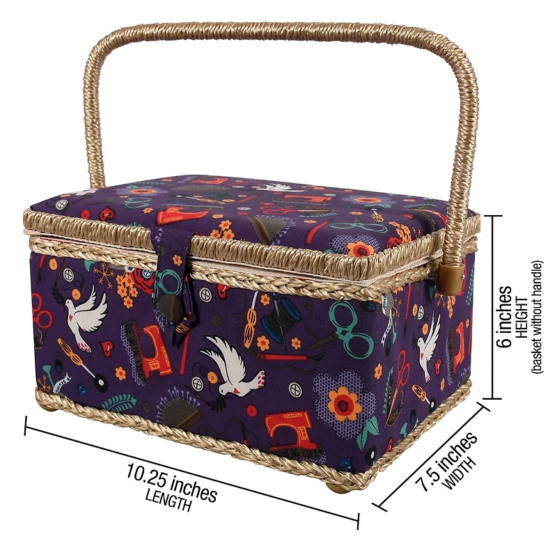 SINGER® Large Purple Notions Print Sewing Basket with Sewing Scissors & Notions