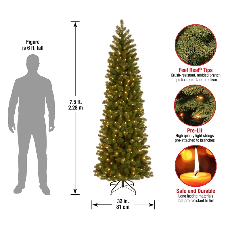 7.5 ft. Pre-lit Feel Real® Hinged Down Swept Douglas Fir Pencil Artificial Christmas Tree, Clear Lights