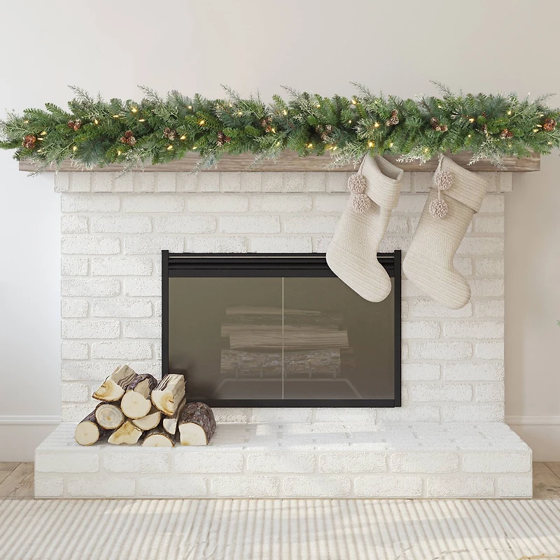 Haute Decor Pre-Lit 6ft. Long Bergen Pine & Gold Accents Artificial Garland, Soft White LED Lights