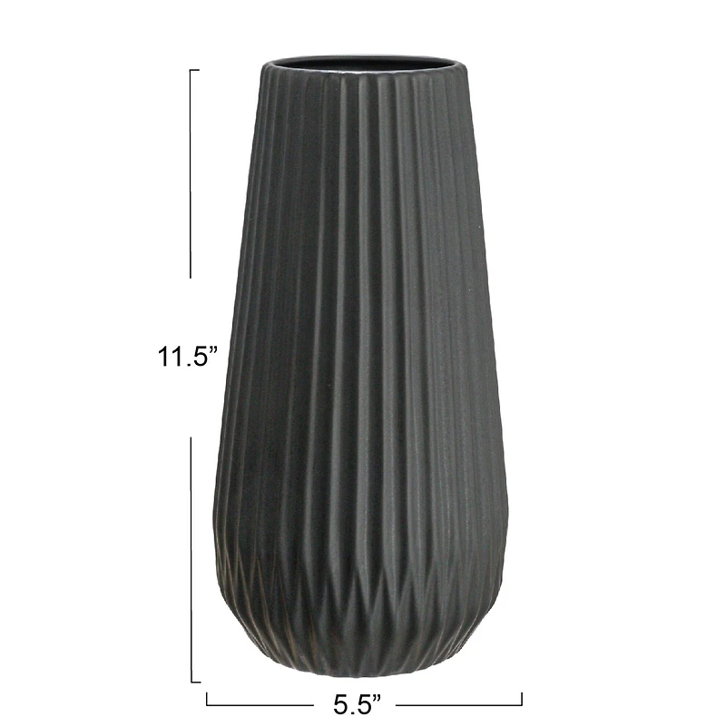 Hello Honey® 11.5" Matte Black Round Stoneware Fluted Vase with Embossed Lines