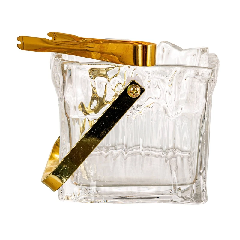 Hello Honey 24-Ounce Textured Glass Ice Bucket with Gold Finish Handle and Tongs, Clear/Gold
