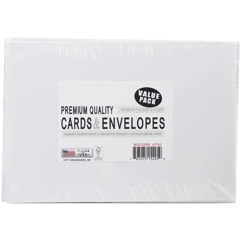 Leader Paper Products White A7 Greeting Cards With Envelopes, 50ct.