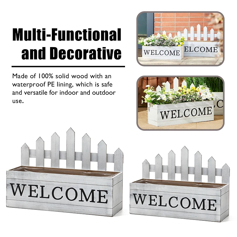 Glitzhome® White Wood WELCOME Fence-Inspired Planter Stand Set