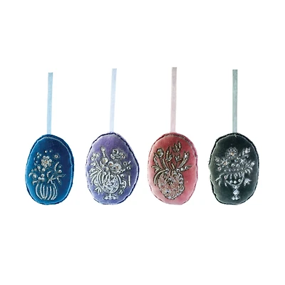 Hello Honey® 4 Pack 3.5" Beaded Flower Oval Velvet Ornaments