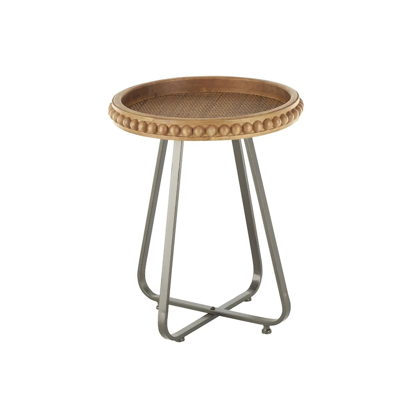 20.5" Brown Wood Beaded Accent Table with Rounded Gray Metal Base & Rattan Accent