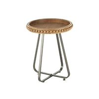 20.5" Brown Wood Beaded Accent Table with Rounded Gray Metal Base & Rattan Accent