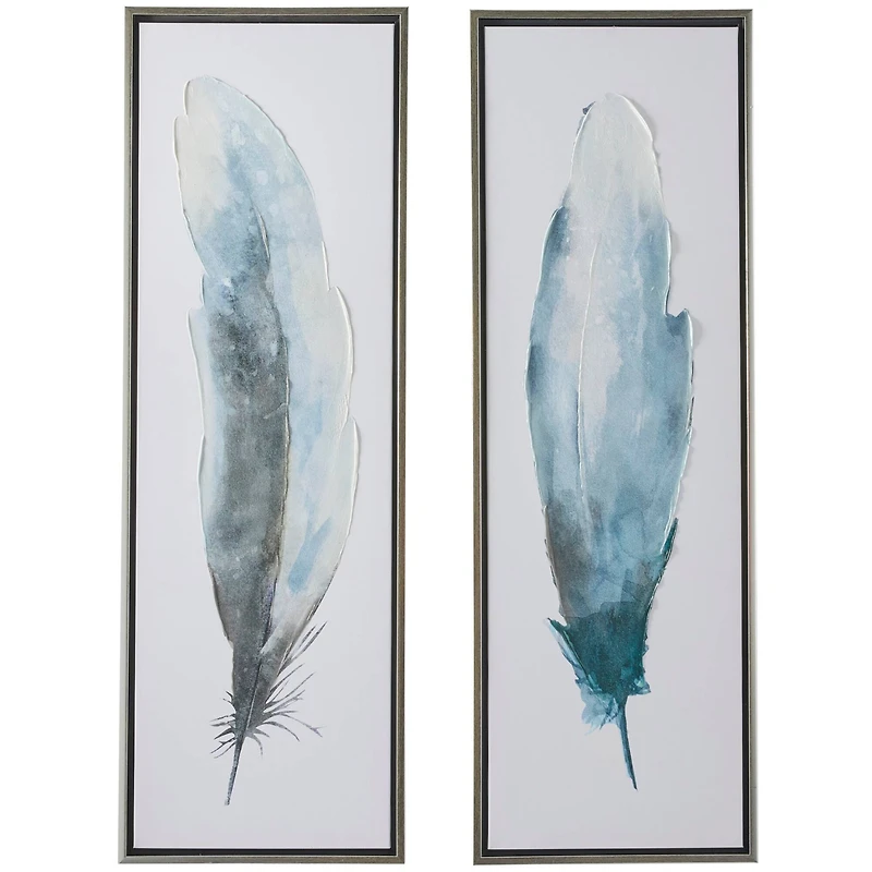 Blue Canvas Feathers Bird Framed Wall Art with Silver Frame Set of 2 16", 47"