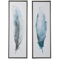 Blue Canvas Feathers Bird Framed Wall Art with Silver Frame Set of 2 16", 47"