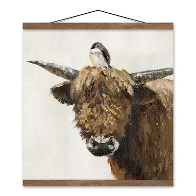 Highland Cow and Bird Teak Hanging Canvas