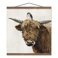 Highland Cow and Bird Teak Hanging Canvas