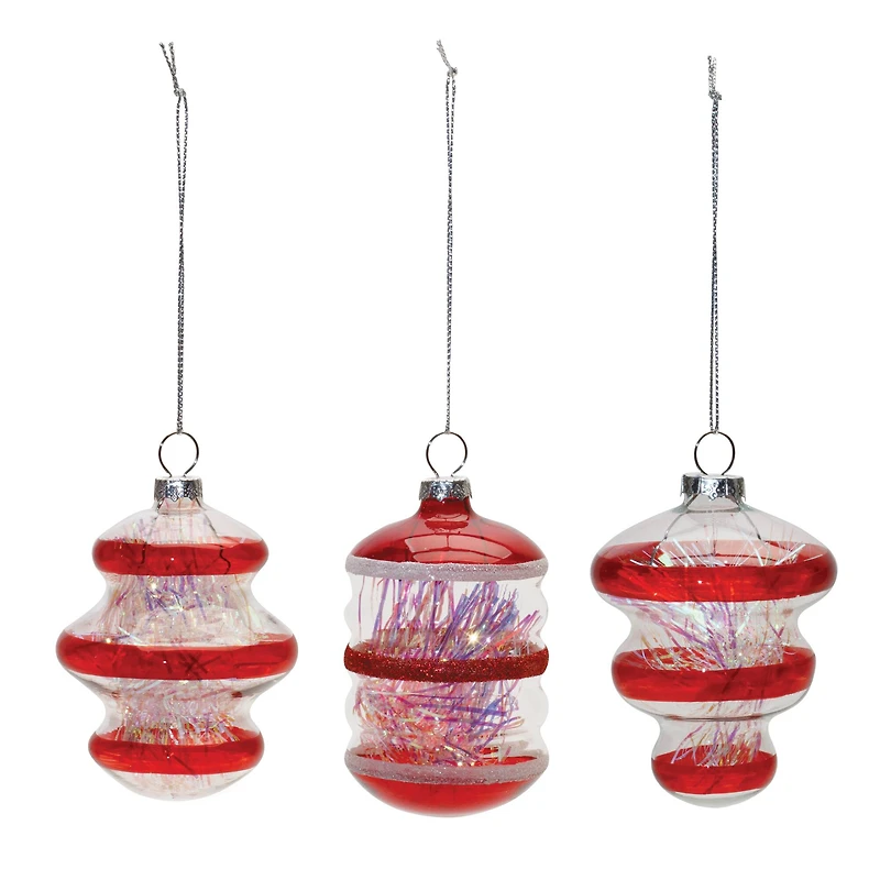 Red Finial with Tinsel Filling Glass Ornaments Set