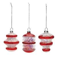 Red Finial with Tinsel Filling Glass Ornaments Set