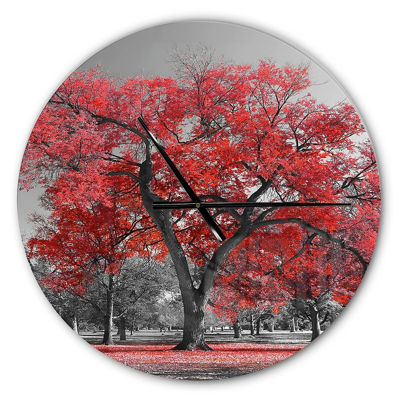 Designart Big Red Tree On Foggy Day Wall Clock