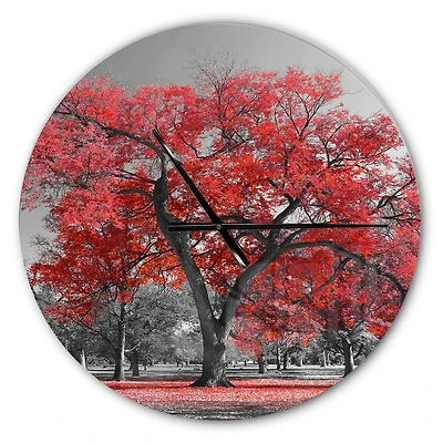 Designart Big Red Tree On Foggy Day Wall Clock