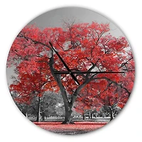 Designart Big Red Tree On Foggy Day Wall Clock