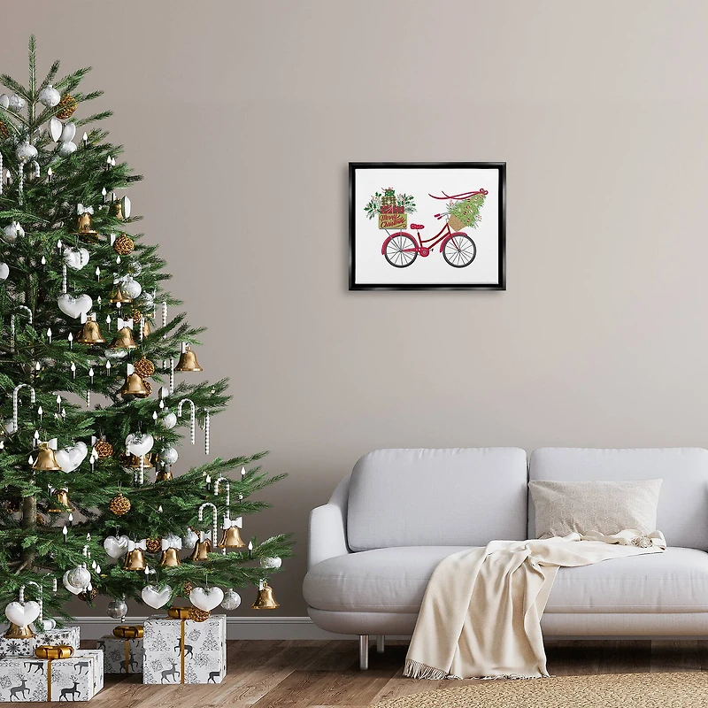 Stupell Industries Merry Christmas Seasonal Bicycle Framed Floater Canvas Wall Art