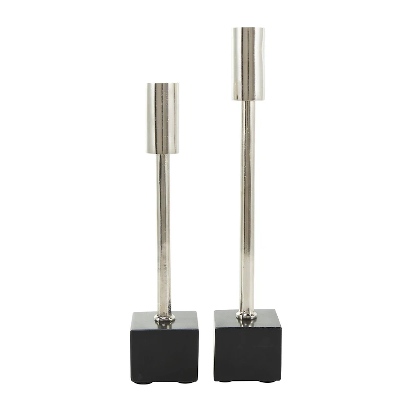 Silver Aluminum Slim Candle Holder with Black Block Base Set