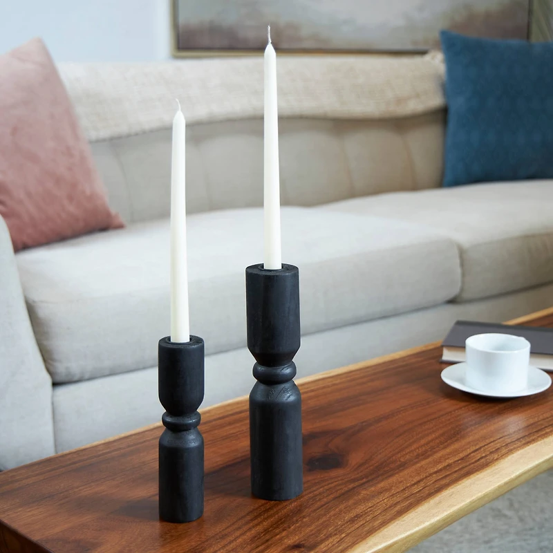 Black Wood Minimalistic Tapered Candle Holder Set